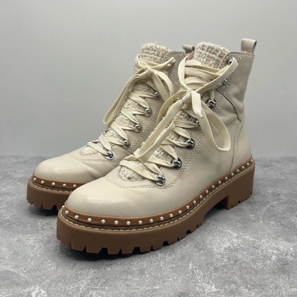 Steve Madden Cream Leather Rainier Platform Boot Size 8.5 M Pearl Accent Lace Up
